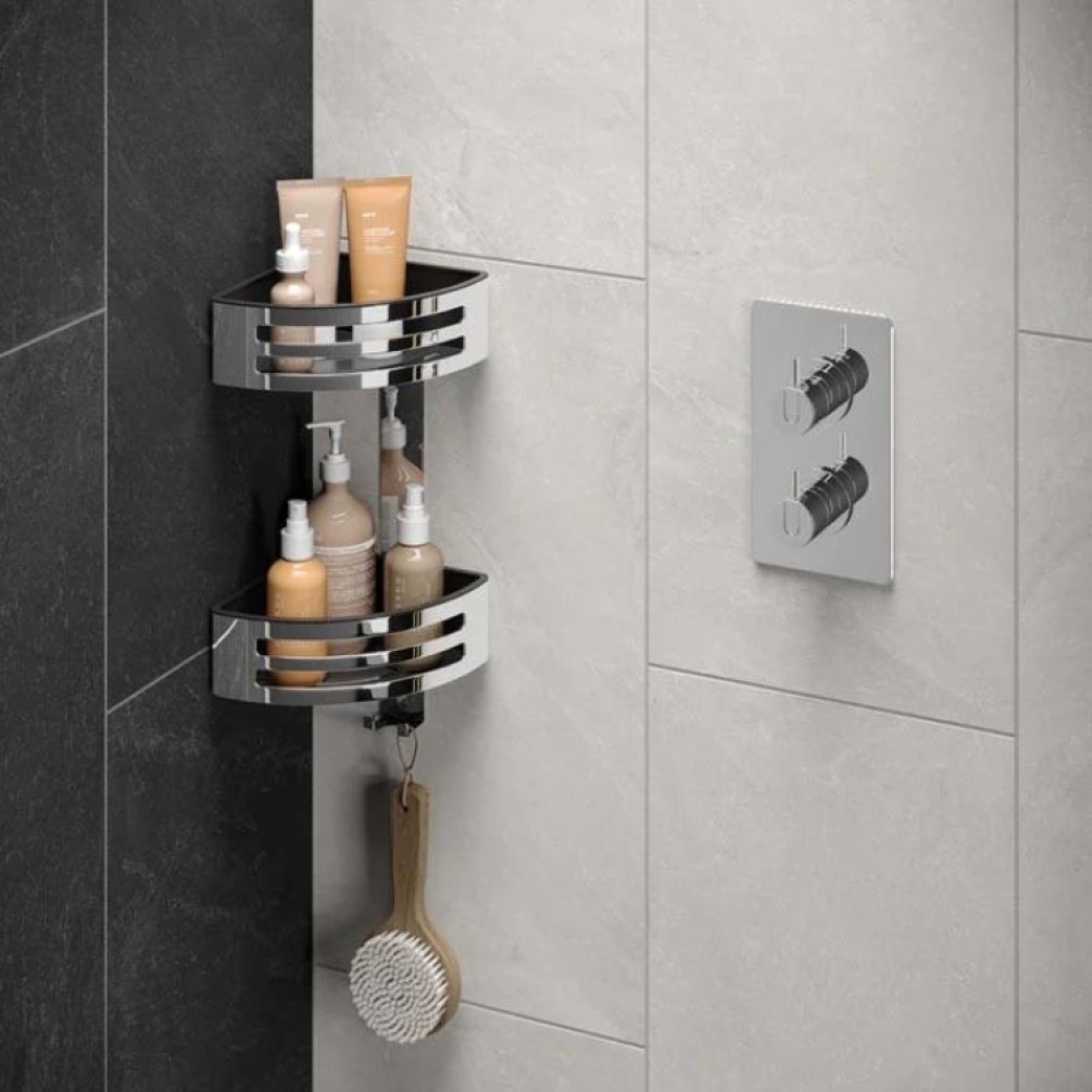 Product Lifestyle image of the HIB Two Tier Corner Shower Basket with Removable Tray
